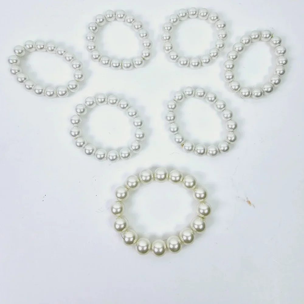 Set of 6 Large Rounded White Pearl Bracelets, Stretch PLUS Bonus Bracelet!